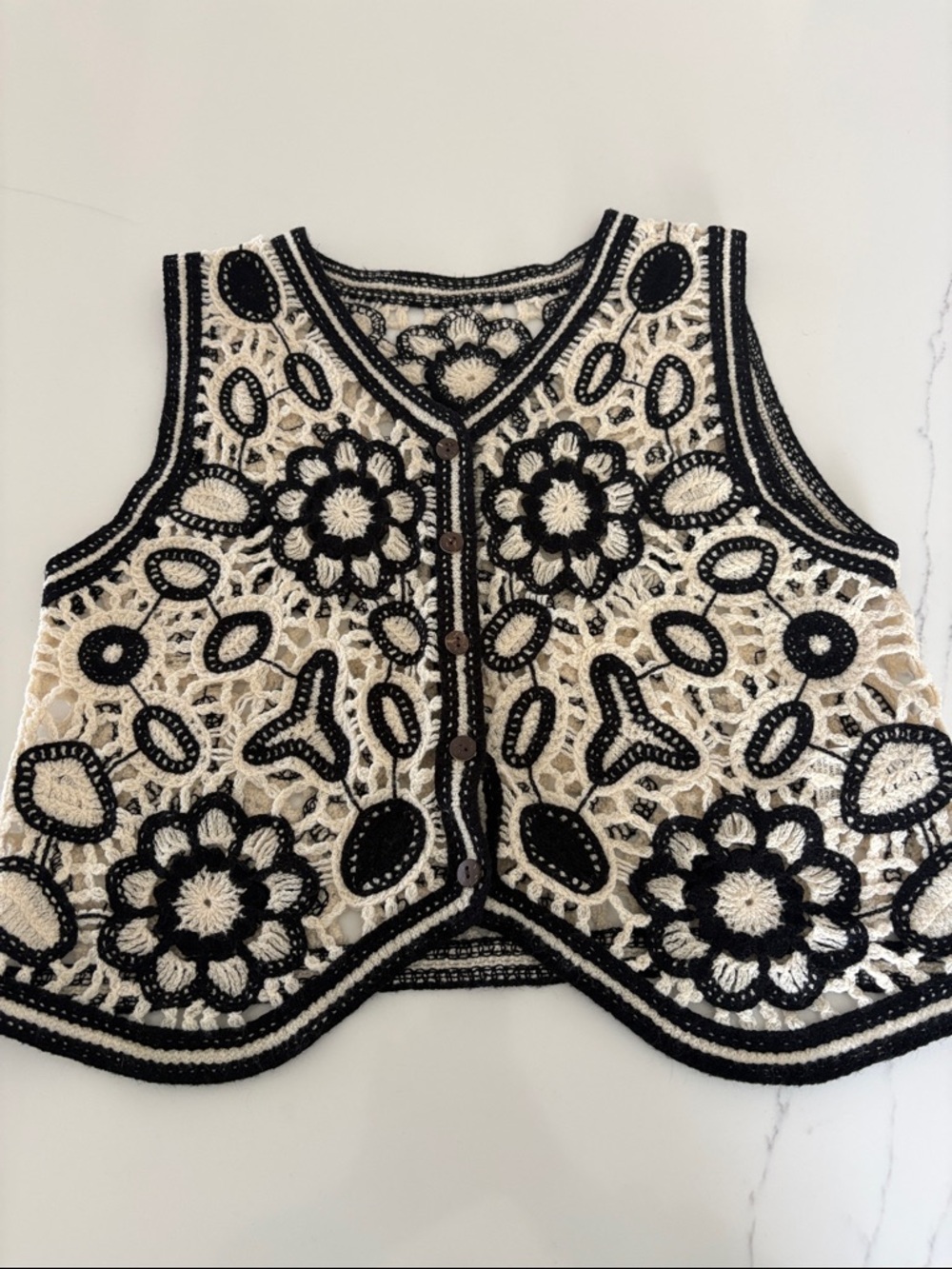 SHEIN Black and Cream Crochet Floral Vest